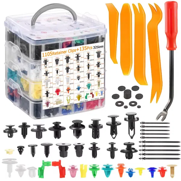 C0168 1240Pcs Car Push Retainer Clips Auto Fasteners Kit 32 Sizes Nylon Fender Rivets with Cable Ties Fasteners Remover Tool