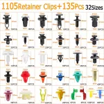 C0168 1240Pcs Car Push Retainer Clips Auto Fasteners Kit 32 Sizes Nylon Fender Rivets with Cable Ties Fasteners Remover Tool