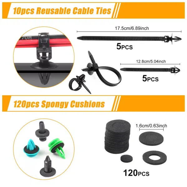 C0168 1240Pcs Car Push Retainer Clips Auto Fasteners Kit 32 Sizes Nylon Fender Rivets with Cable Ties Fasteners Remover Tool