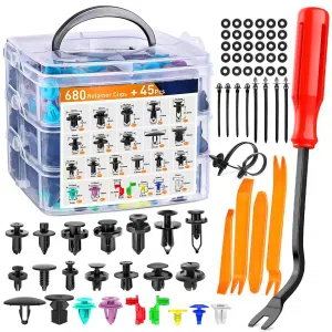 C0724 725Pcs Car Push Retainer Clips & Auto Fasteners -23 Sizes Nylon Bumper Fender Rivets with Cable Ties Fasteners Remover