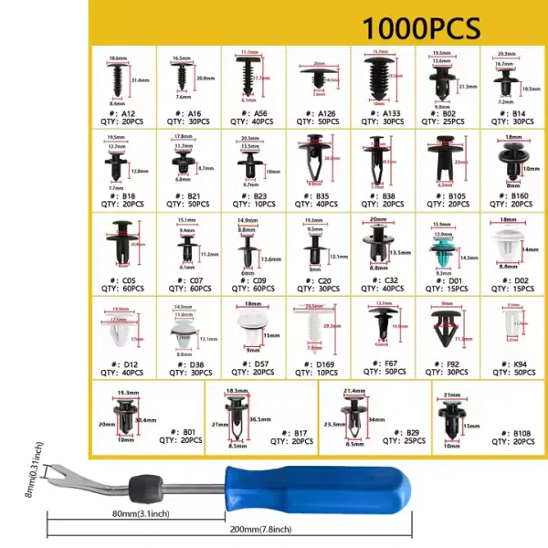 C0899-B 1101pcs Car Clipst Push Retainer-32 Most Popular Sizes Fender Bumper Clips Car Bumper Fastener Kit