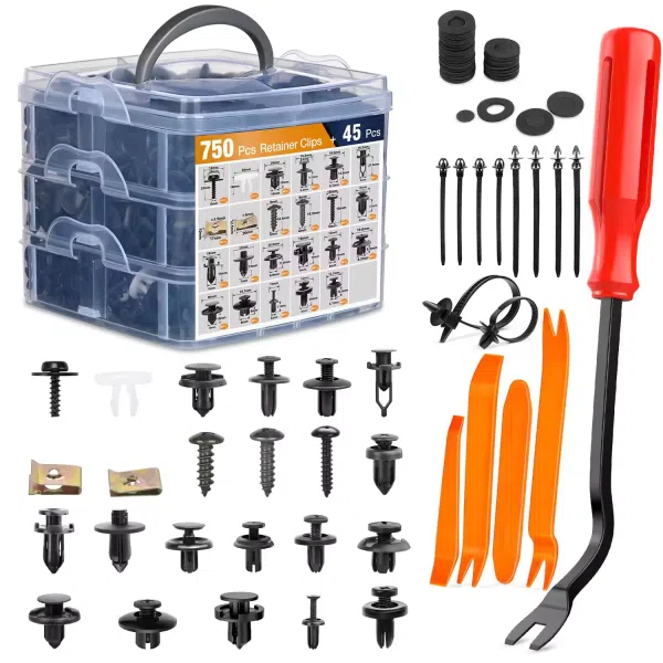 C0977 795Pcs Car Push Retainer Clips & Auto Fasteners Nylon Bumper Fender Rivets Metal Screw Pin Kit with Cable Ties Remover