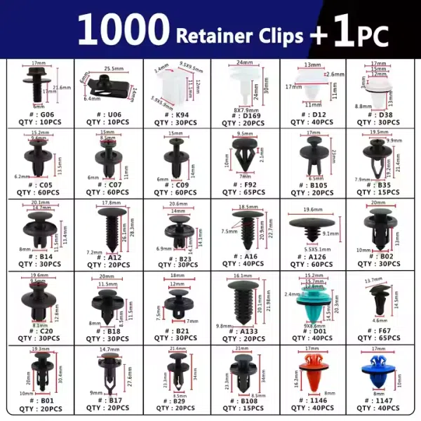 1001Pcs Car Push Retainer Clips 30 Sizes Fasteners Automotive Plastic Clips Auto Push Pin Rivets Set with Blue Fastener Remover