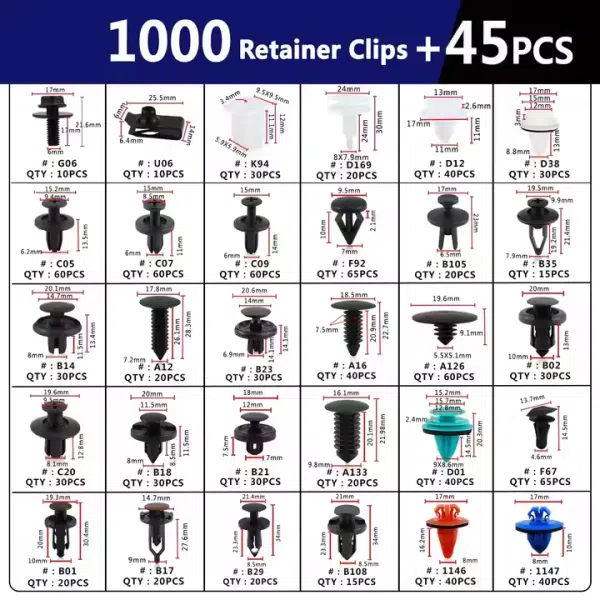 1045Pcs Car Push Retainer Clips Auto Fasteners Assortment Nylon Bumper Fender Rivets With Cable Ties and Fastener Remover