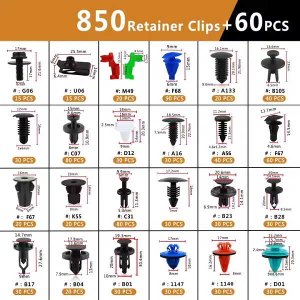 910Pcs Car Push Retainer Clips Plastic Rivets Bumper Clips Door Panel Trim Clip Car Body Fasteners Kit with Cable Ties Remover